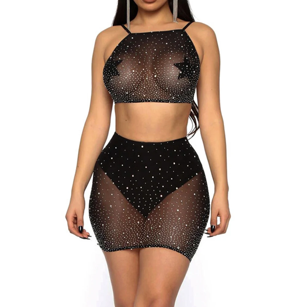 New High Stretched Large Size Rhinestone Diamond Club Top Hip Skirt Clothing Hot Transparent Two Piece Sets Women Sexy Lingerie