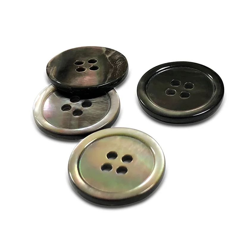 4-Holes Brim Natural River Shell Button Round Edge Natural Brim Black Shell Sewing Buttons