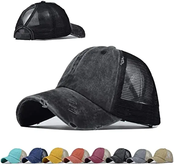 Adjustable custom logo cap hat Washed Distressed Cotton Denim mesh trucker Messy Buns Ponytail Hat Baseball Cap