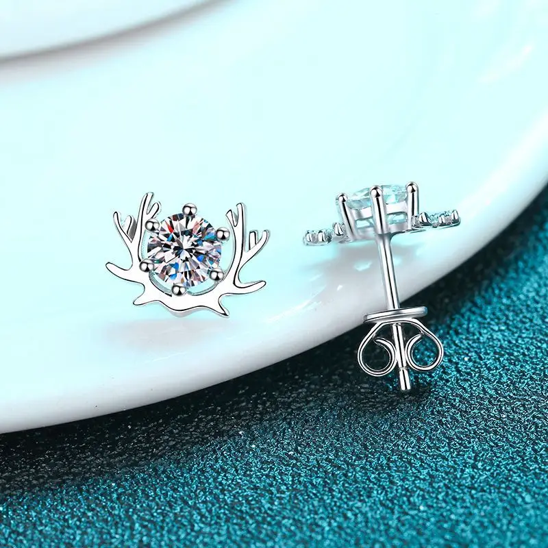 925 pass diamond test d color wholesale Christmas Antler vvs real gra moissanite stud earring for women