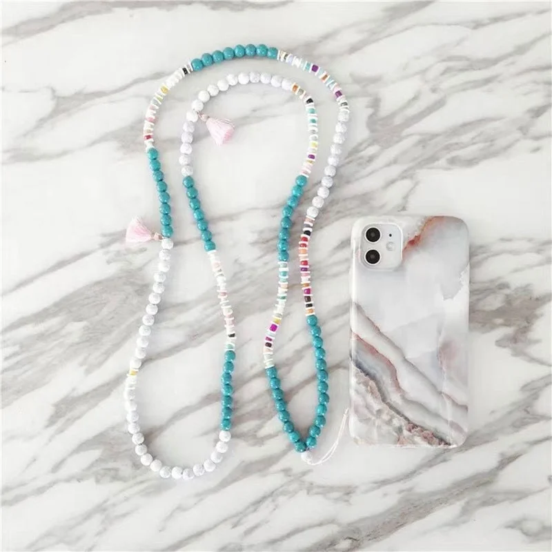 Special Offer! Ins Net Red Color Tassel Silver Beaded Long Mobile Phone Strap Handmade Turquoise Beads  Phone Accessories