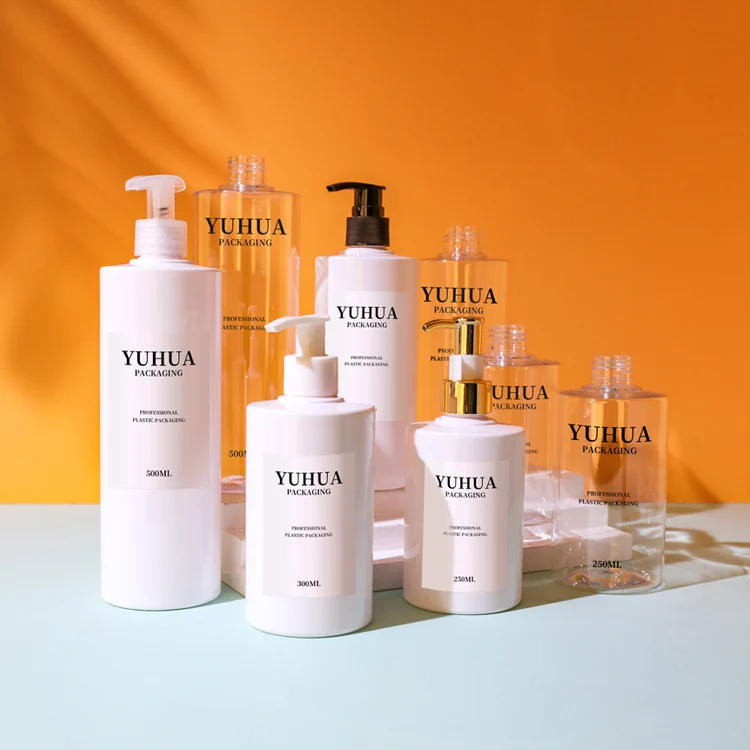 skincare packaging plastic 500ml PET flap shoulder cylinder round bottle with different press lotion pump plastic shampoo bottle