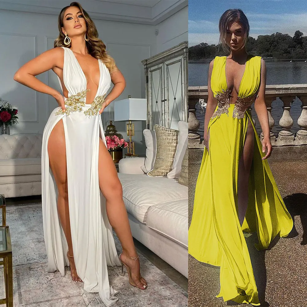 Женское вечернее платье макси элегантное однотонное Повседневное с длинной юбкой и глубоким V-образным вырезом двойным разрезом для вечеринки на