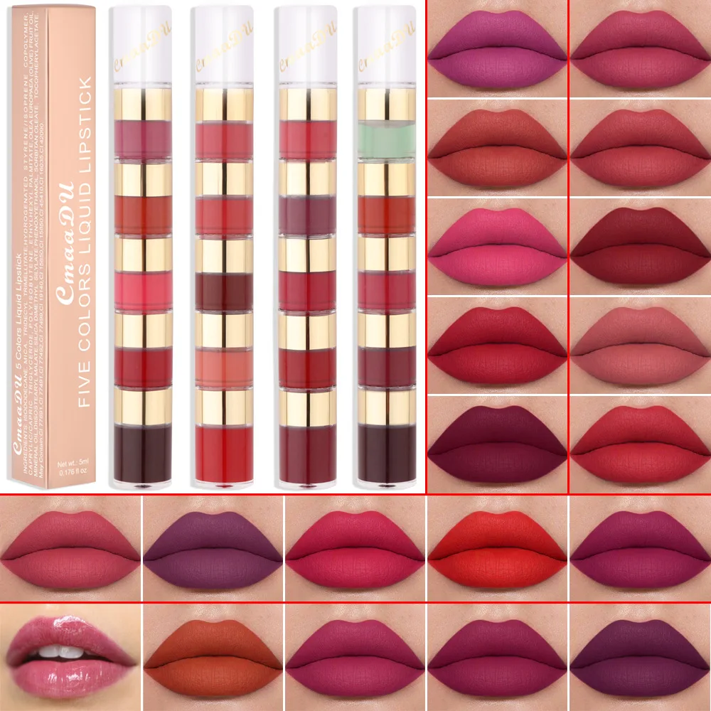 CmaaDu 5 In 1 Lip Gloss Kit Makeup Matte Lips Cosmetic Long Lasting Waterproof Velvet Liquid Lipstick Waterproof Sexy Lip Tint