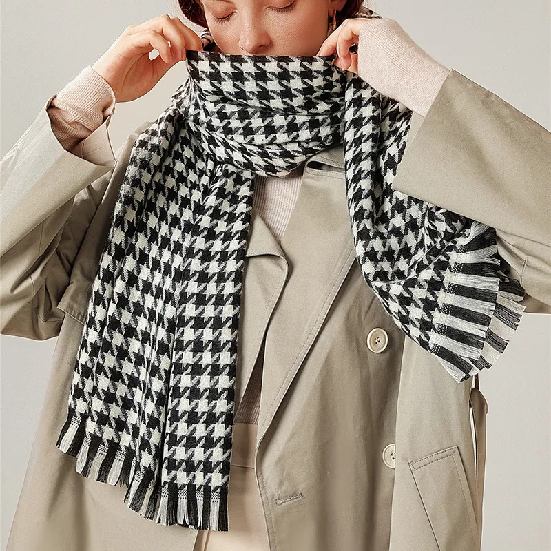 2021 new houndstooth winter plaid imitation cashmere tassel shawl thick warm bib scarf