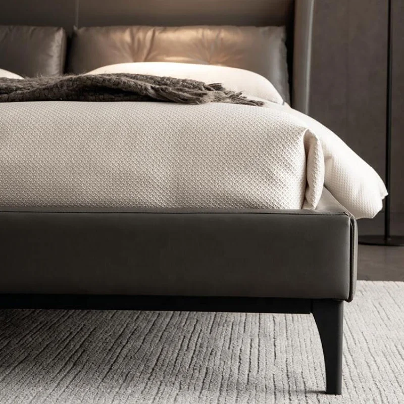 Fashionable luxury style villa bedroom furniture modern sofa bed solid wood frame dark gray comfortable leather bed