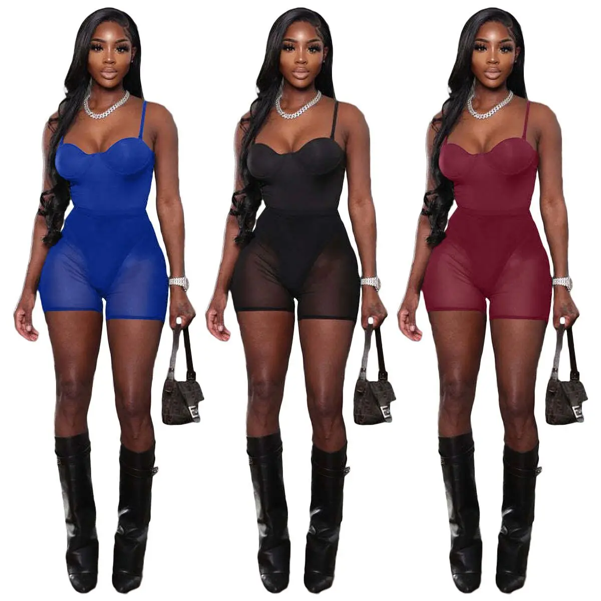 Streetwear Women Clothes Wholesale Clothing Outfits Women T-shirts Halter Hot Girl Sexy Silk Mesh 2 Piece Pant Set Women