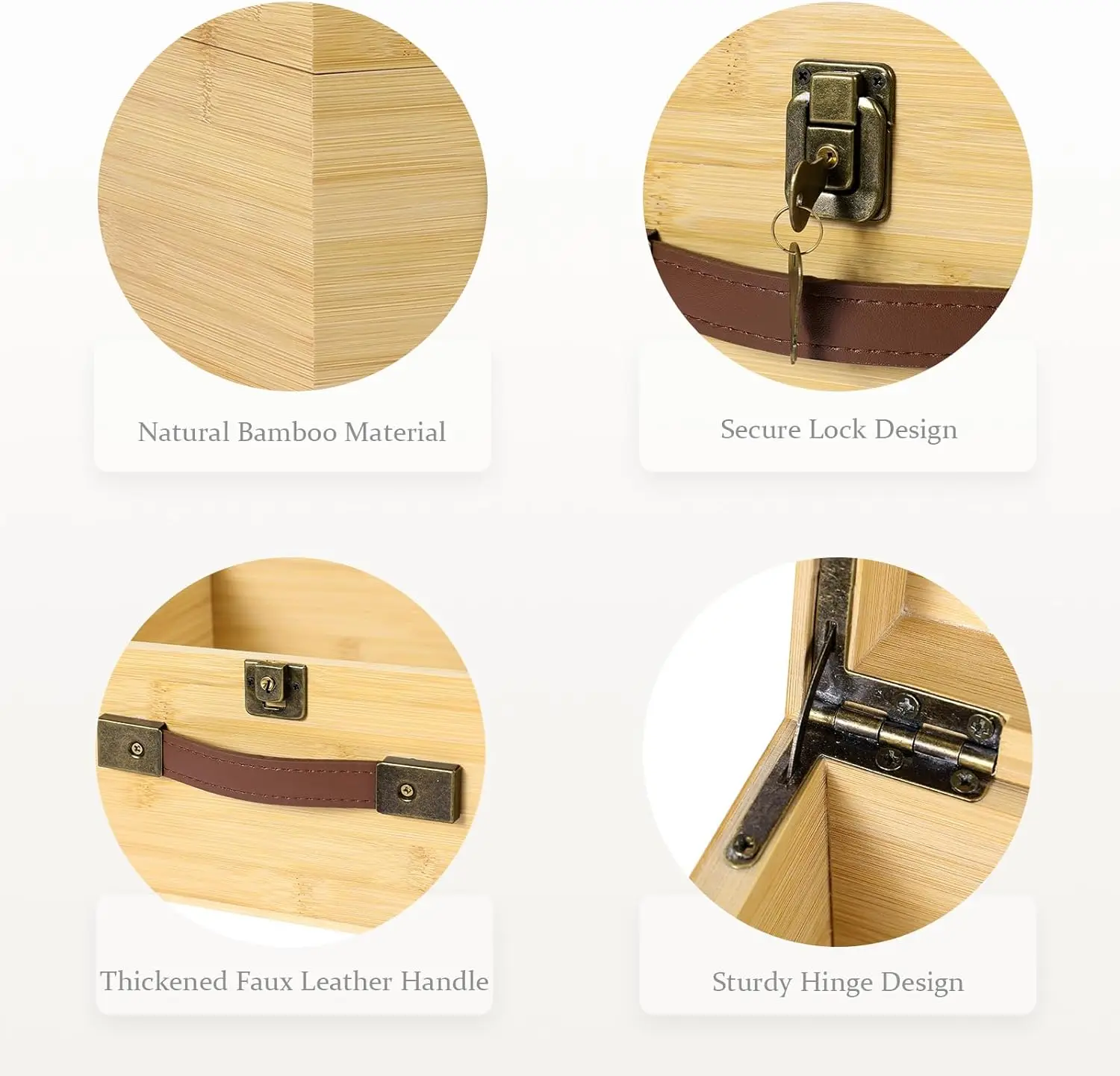 Large Bamboo Wood Storage Box with Lock Keys Hinged Lid PU Leather Handles Lidded Natural Wooden Storage Bins Basket