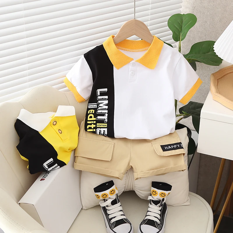 Summer 202 Latest Design Bear Pattern Boys Short Sleeve Polo Shirt and Washed Denim Shorts 2 Piece Set of High Quality Clothing