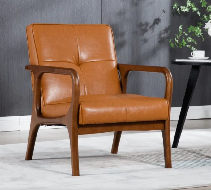 Fabricntury Japandi Accent Armchair, Metale Reading Armchair PU Leather Lounge Chair Arms Home Furniture with Walnut Wooden