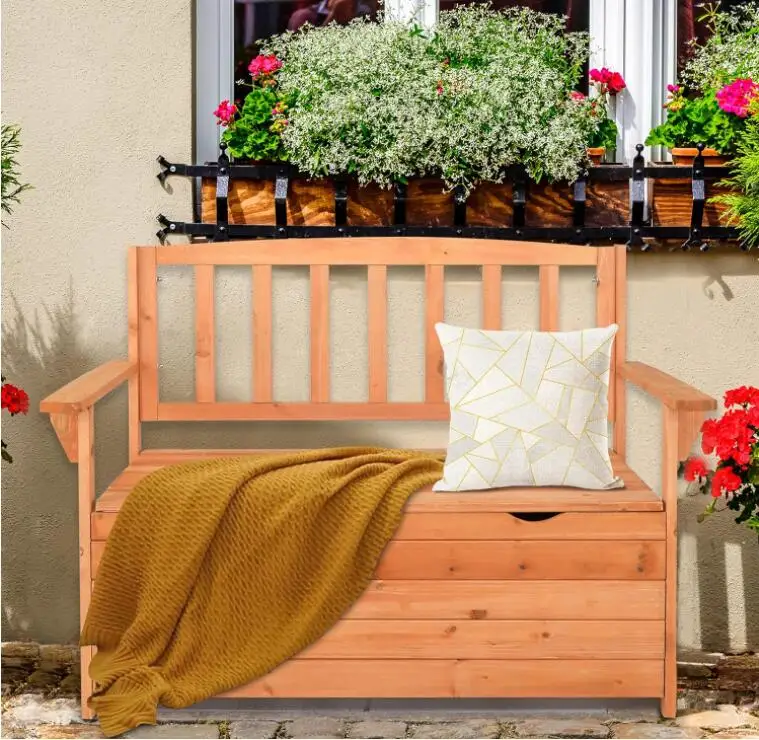 Outdoor Solid Wood Garden Bench Slatted Design Natural Wood Garden Bench