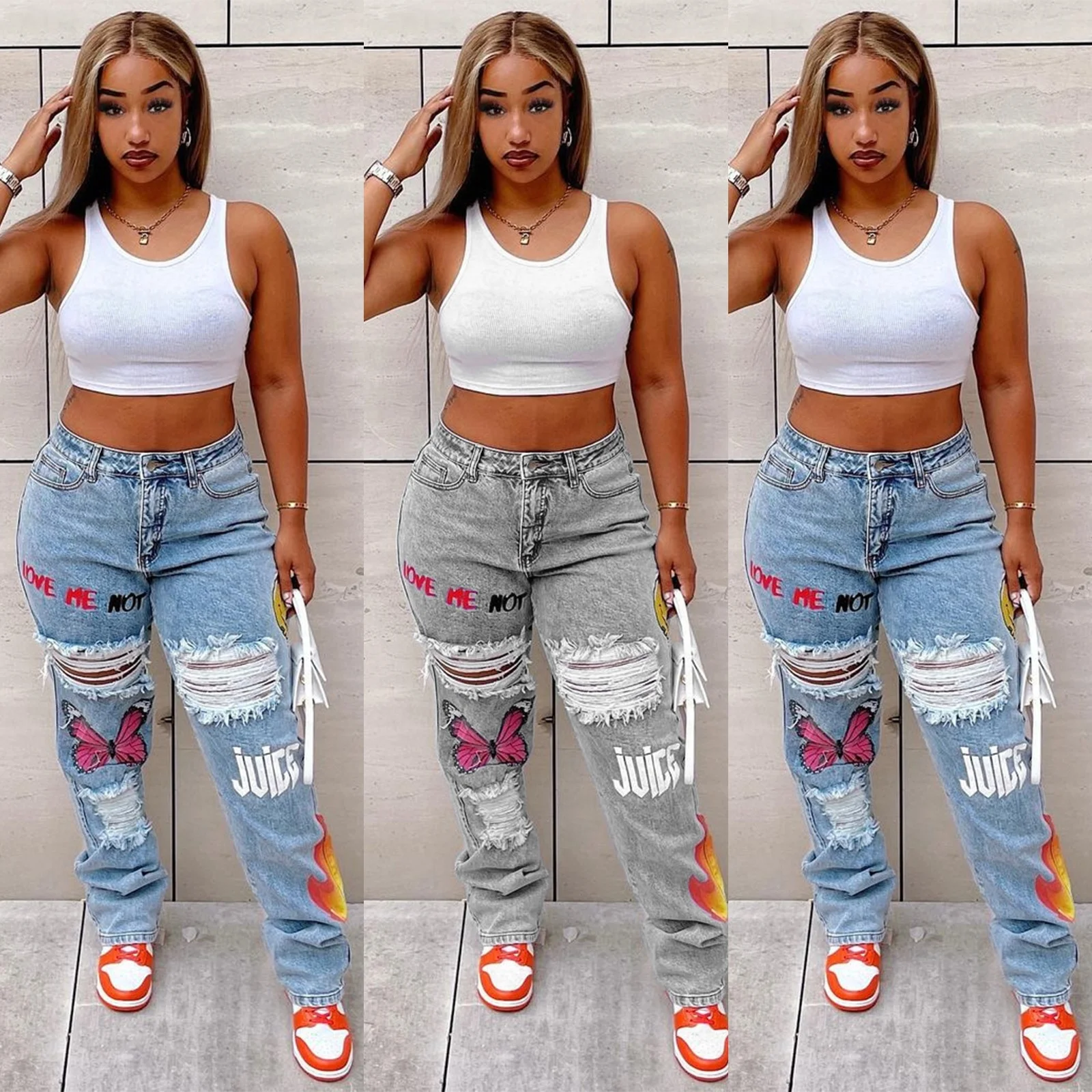 New Trendy women Print Casual Streetwear Denim Jeans Pant Casual Fashion Women Ripped Denim Washed Jeans