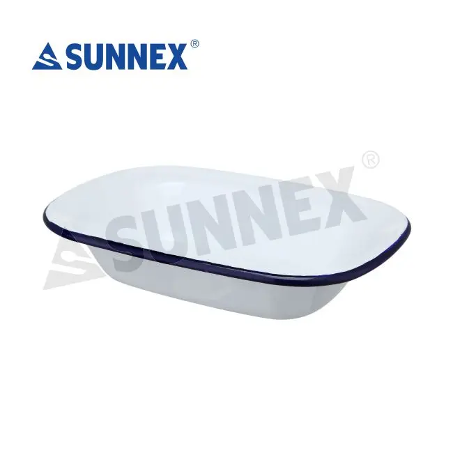 Sunnex Low MOQ Customized Coffee Cup Blue Rim 10oz White Enamel Plate Mug