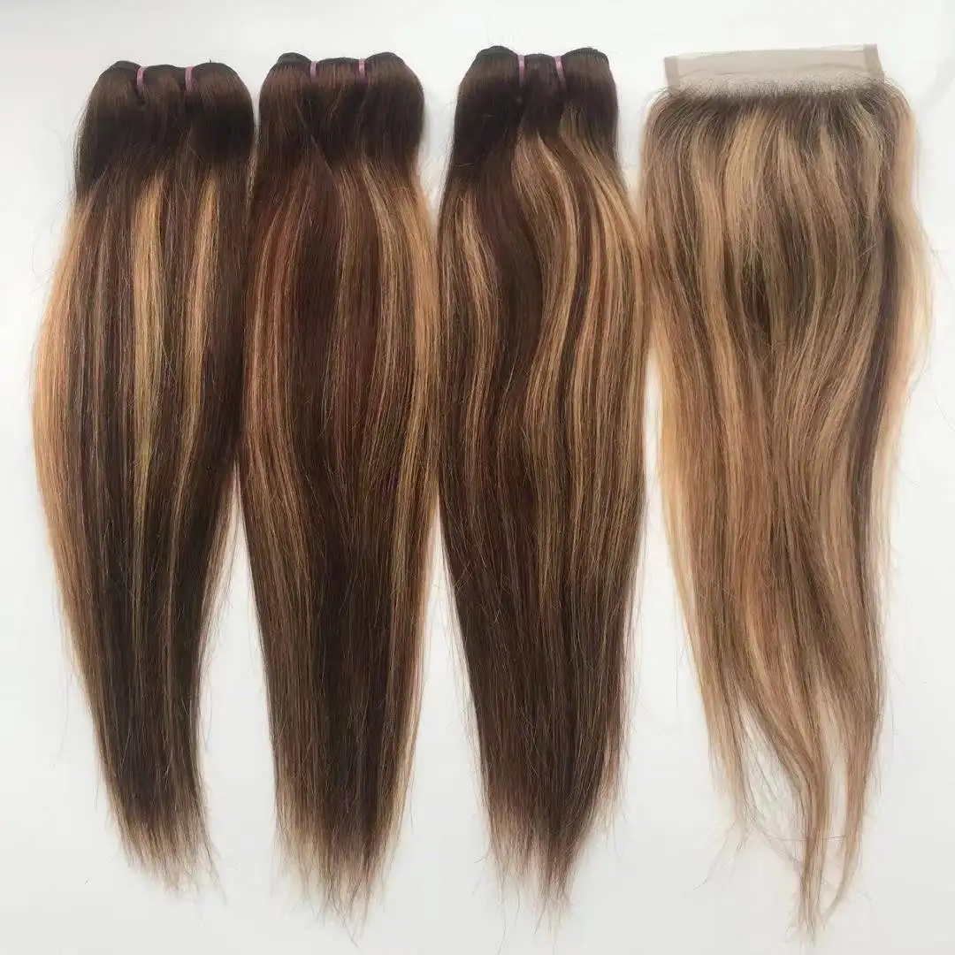Highlight  Hair Bundles With Lace Closure Wholesale Price  Piano Color #4/27 Hair Bundles With Closure