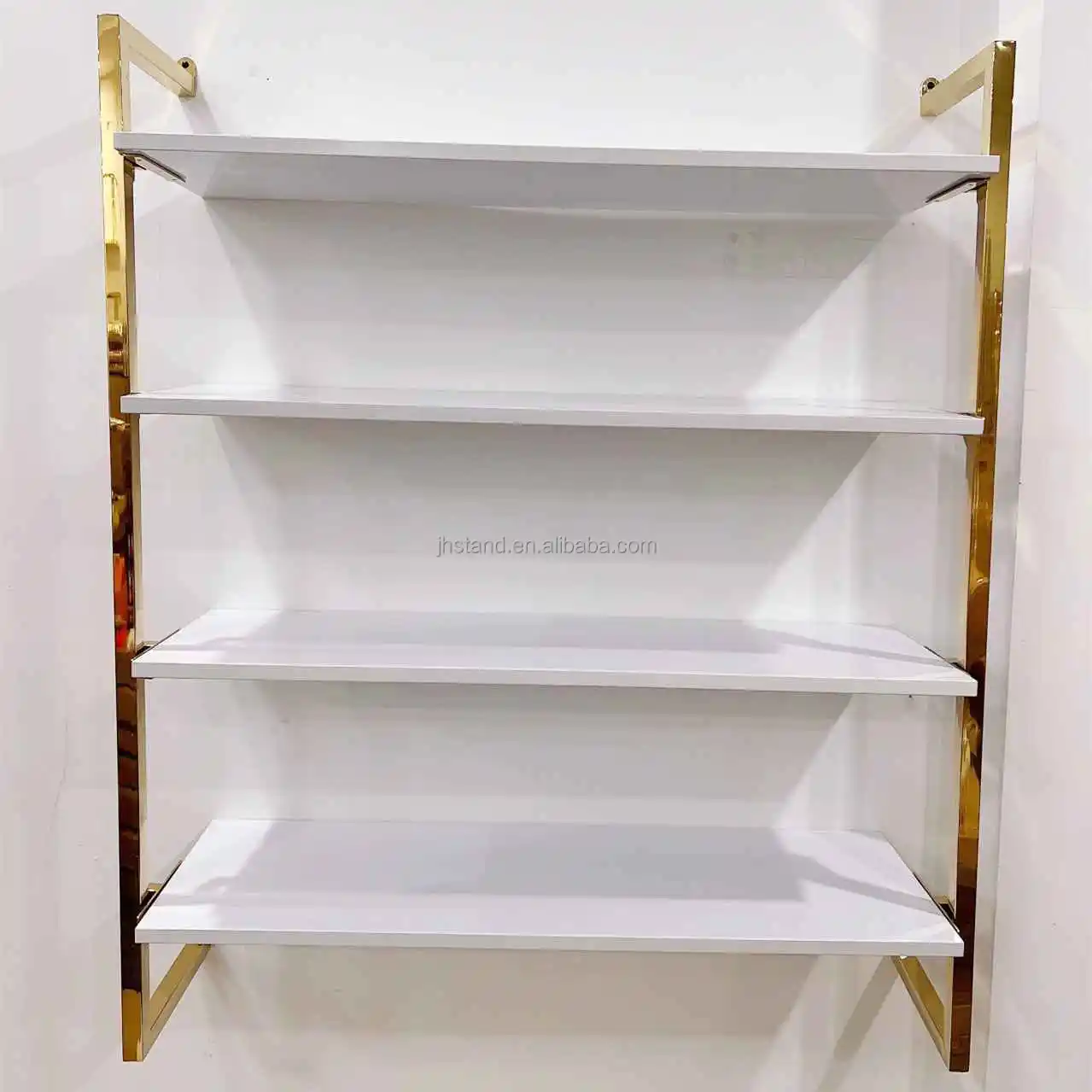 Interior Design Clothing Store Furniture Shop Decoration Gold Stainless Steel 4 Tiers Wall Shoe Display Rack For Shoe Bag Store