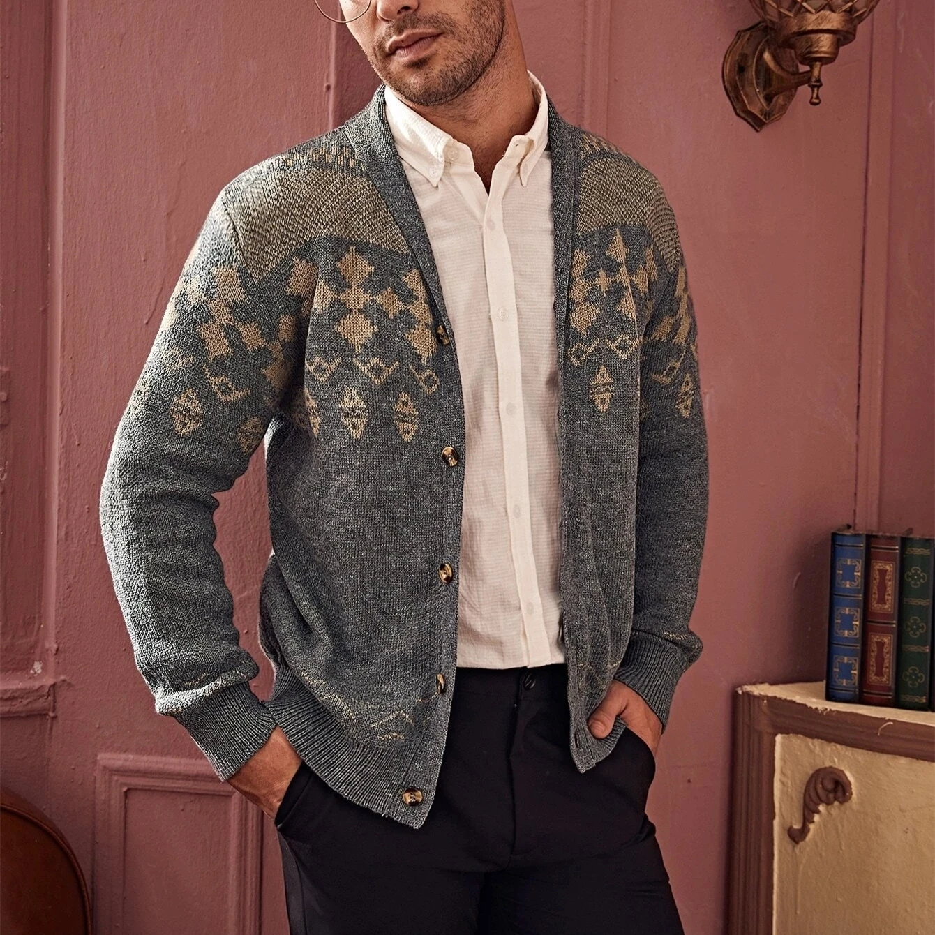 
Jacquard Knitwear Winter Knitted Striped Custom Mens Shawl Collar Cardigan Sweater 