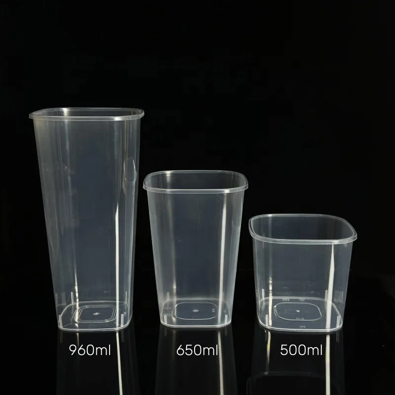 Good Quality Thickened 90 Caliber 650ml Transparent Frosted Injection Plastic Square Cup Fruit Lemon Tea Cup With Lids And Forks