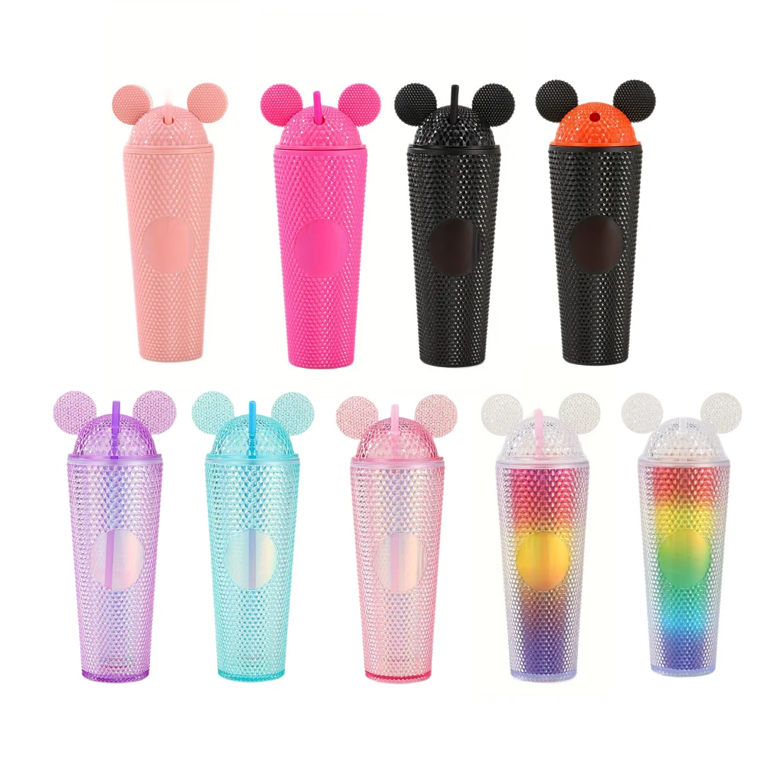 New Style Custom 24oz Double Wall Acrylic Diamond Twinkles Studded Mickey Plastic Cups with Dome Lid And Straw For Gift