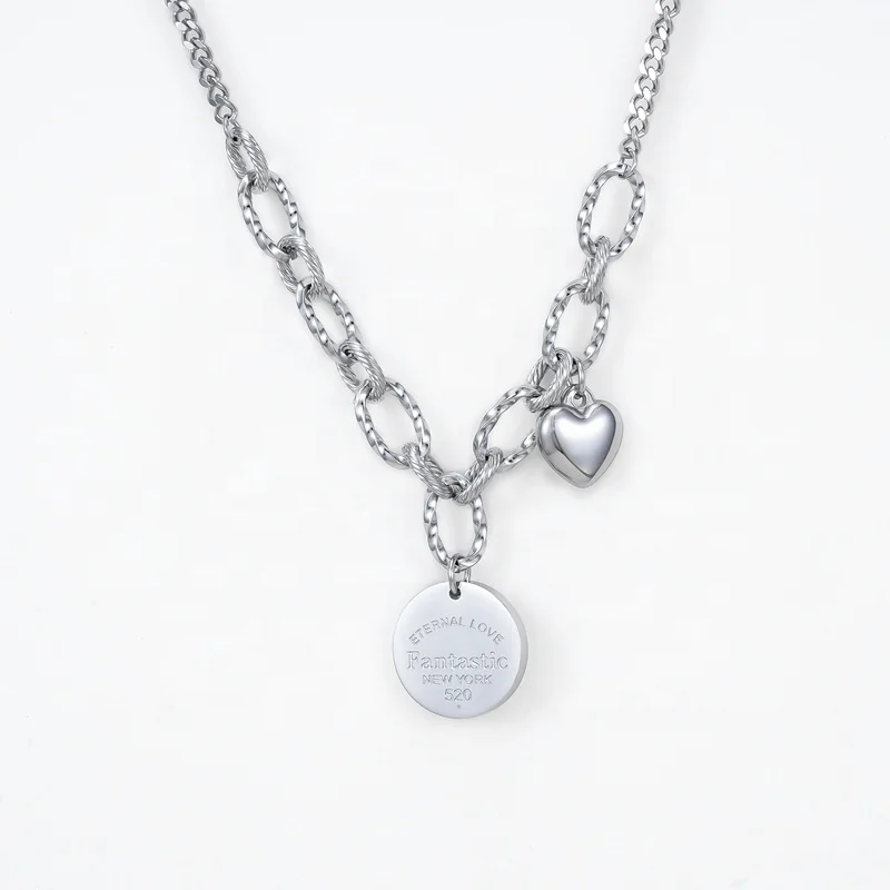 Wholesale 18k gold plated fashion jewelry stainless steel thin cuban curb chain coin round pendant necklaces for men and women