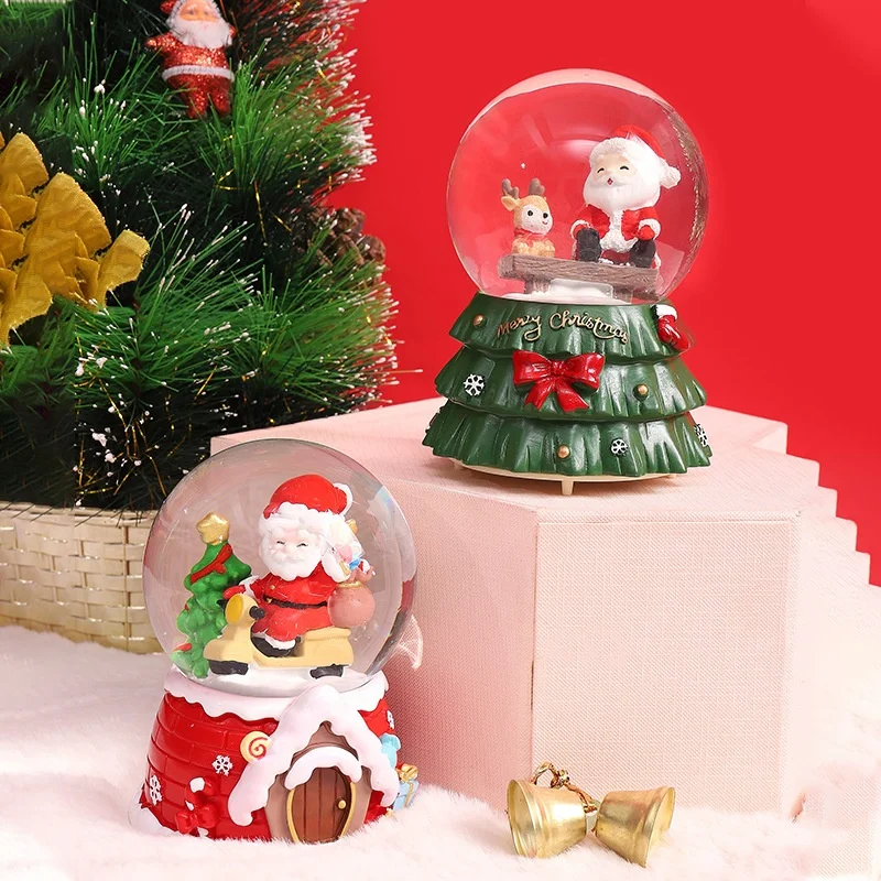 Creative Christmas Crystal Ball Music Box Resin Snowflake Water Luminous Glass Ball Snow Falling Christmas Decoration Wholesale