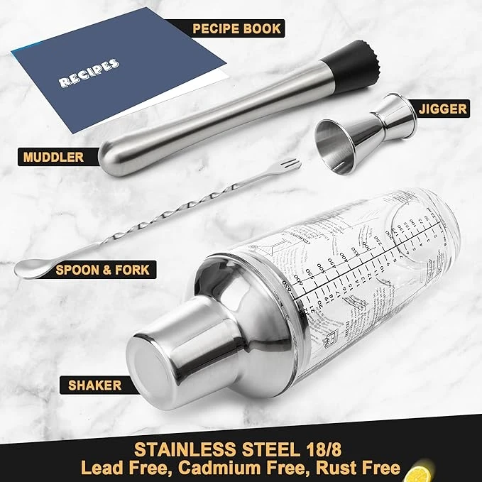 23 oz Glass Cocktail Shaker Set 4 PCS Bartender Kit Martini Mixer Shaker with Built-in Strainer  Bar Tool Set