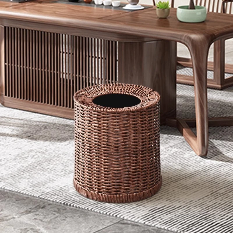 Brown 12L high-end tea room tea art trash can household  rattan weaving bedroom  living room  homestay office