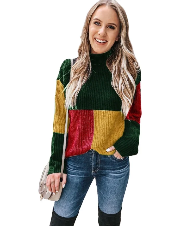 Wholesale Women Winter Sweaters Blocked Colorful Striped Ladies Knitted Sweaters  Loose Oversized Rainbow Sweater