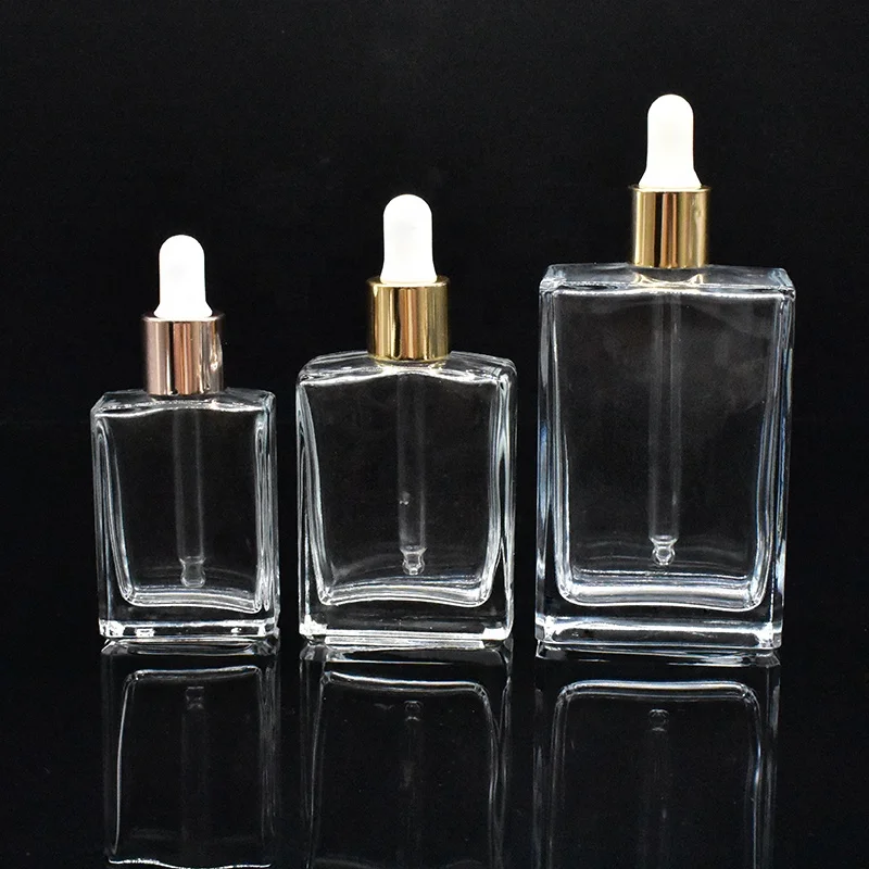 30ml 50ml 100ml clear rectangular cosmetic serum glass dropper bottle