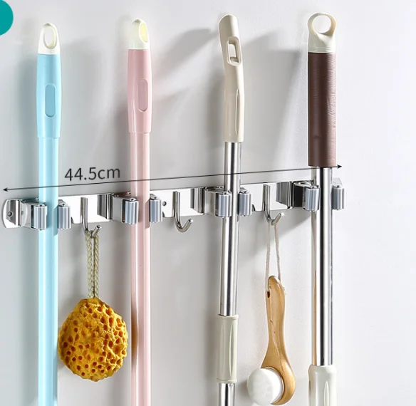 Mop Broom Holder Wall Mount with 4 Hooks and 3 Holders Garden Kitchen Tool Organizer Wall Hanger