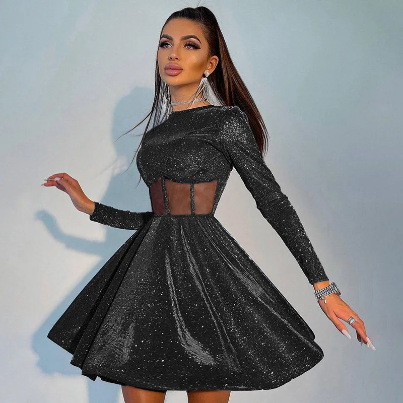 Long Sleeve Winter Fashion Dress Shinny Glitter Cute A -line Dress Faux Mesh Corset Dress party Women