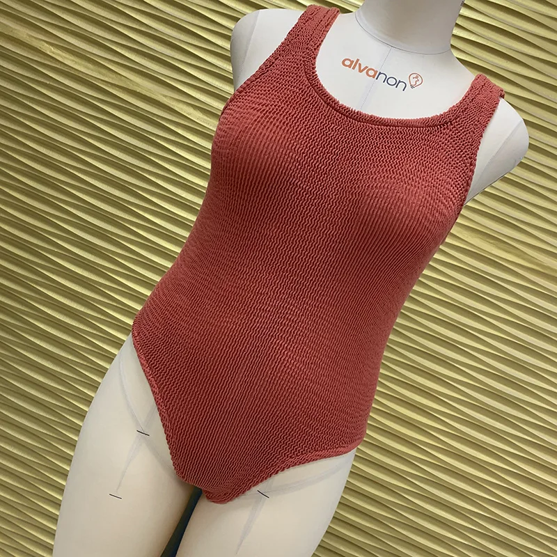 Hot selling  Good brick red  stretch Seersucker Crinkle  Swimwear(One size fit All)