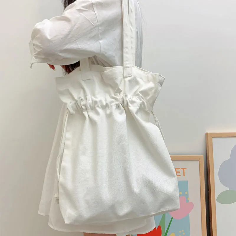 custom Capacity Plaid Drawstring Pure Canvas Shoulder Tote Bags