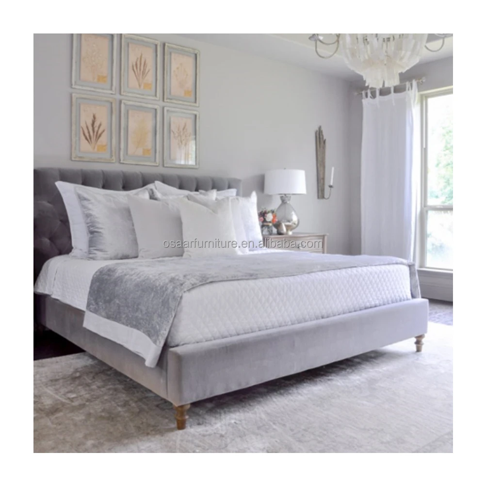 Contemporary Bedroom Furniture French Design King Size Grey Velvet Upholstered Tufted Bed