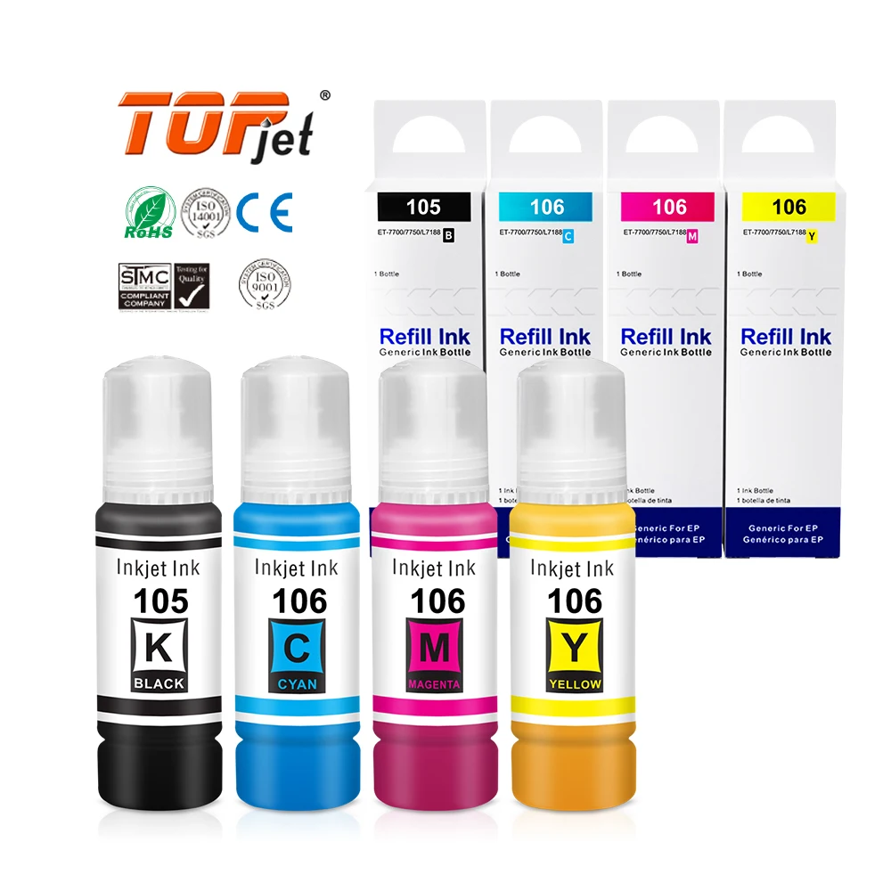 Topjet 105 Pigment Ink 106 Dye Ink Premium Bulk Inkjet Kits Bottle Refill Ink Compatible for Epson ET 7700 7750 L7188 Printer
