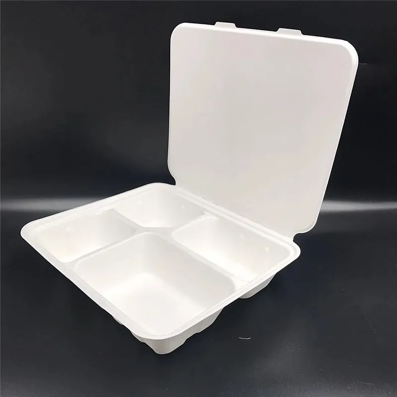 New style 4 compartment disposable biodegradable hinged lid fast food container bagasse takeaway bento box for kids