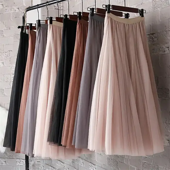 Long Tulle Skirt Women Summer New Gradient Korean Elegant High Waist A-line Pleated Sun School Midi Skirt Female