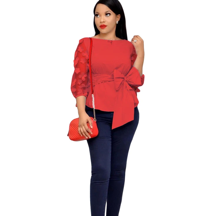 Autumn Spring New Slim Waist Lace Up O Neck Patchwork Mesh Flare Long Sleeve Appliques  Women Elegant Shirt Slim Short Blouse