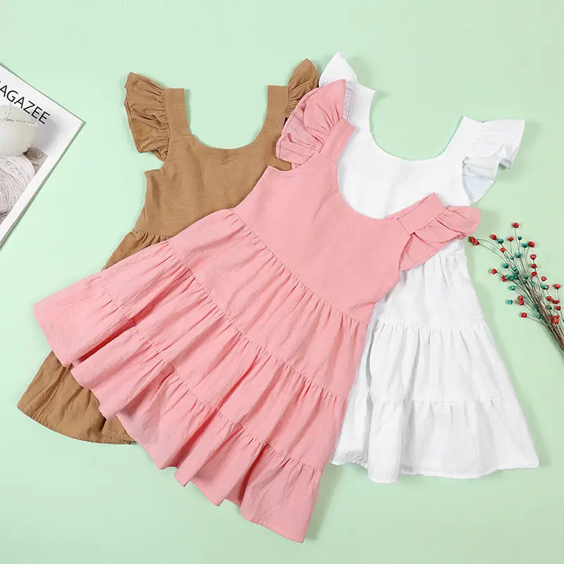 Solid Color Cotton Linen Girls Bohemian Sleeveless Long Skirt Baby Girls  Party Dress