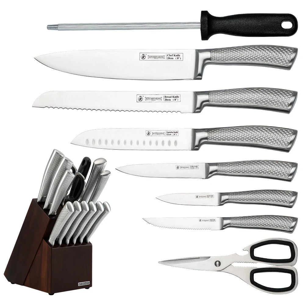 Kitchen King Amazon Hot Sale 14 pcs stainless steel kitchen chef knives set with wooden block serrated steak knives