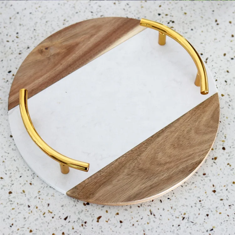Белая мраморная плитка 12 дюймов, круглая сервировочная доска для сыра, сервировочный поднос из дерева акации для колбасных изделий с золотыми ручками