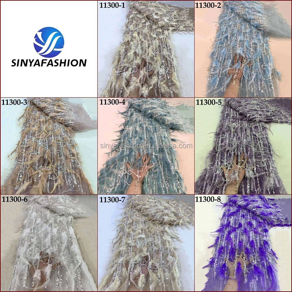 Sinya Gorgeous Sequins Beads Tassels African Tulle Embroidered Wedding Bridal Sewing Dress Luxury 3D Feather Lace Fabric