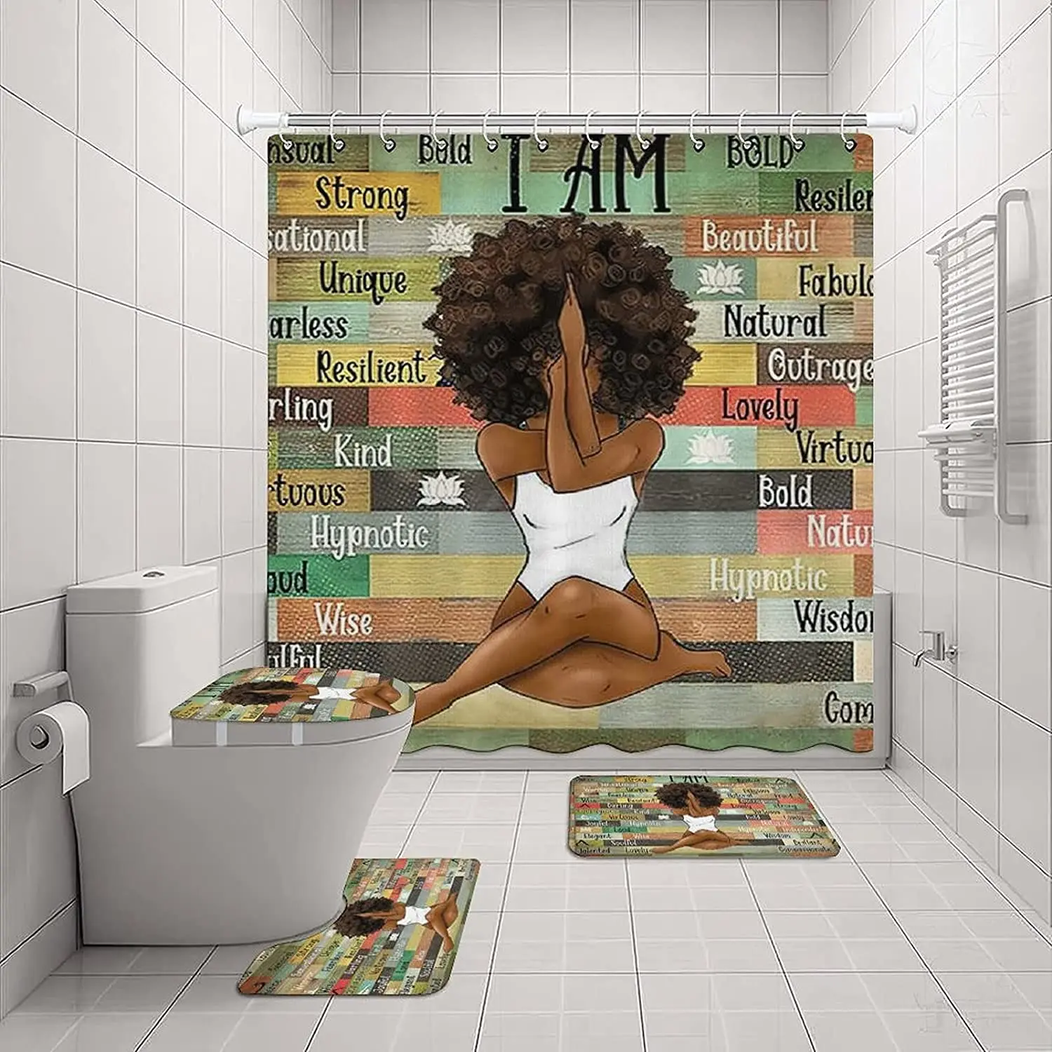 
Black Girl with Yoga I Am Vintage Shower Curtains Set with Bath Rugs and Mats, Toilet Lid Cover and 12 Hooks 