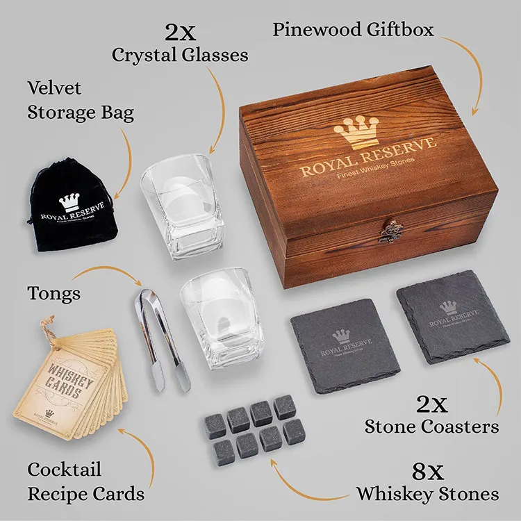 Most Popular Whiskey Stones And Glasses Gift Set Premium Handmade Wooden Box Whiskey Rocks Chilling Stones