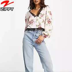 Summer Casual Blouses For Women Satin Long Sleeve Fashion Elegant Print Blouse Black Lace Neckline And Hem Blouses