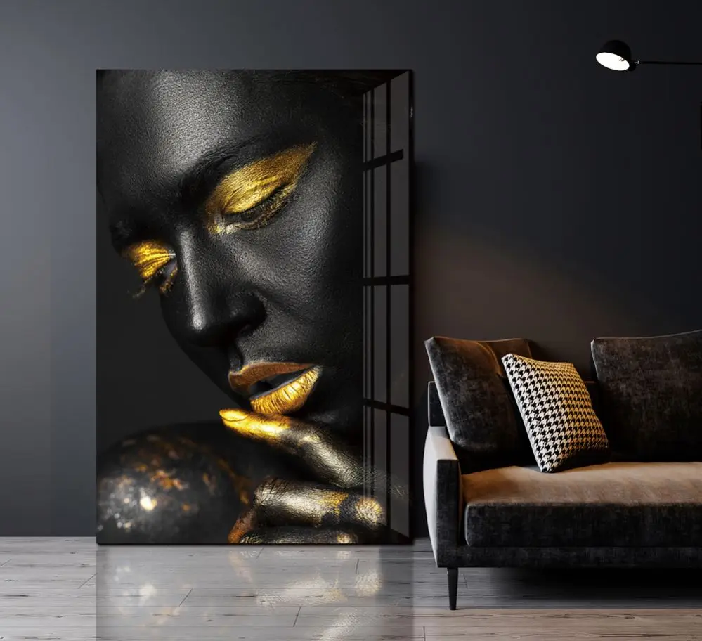 Wholesale 3D Wall Art Decor Figure Portrait Painting Golden Black American african woman Crystal Porcelain Painting