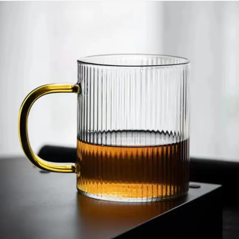 Embossed Vertical Grain Latte Glass Cup Stackable Juice Water Drinkware Wholesale Glassware Coffee Mug for Gift