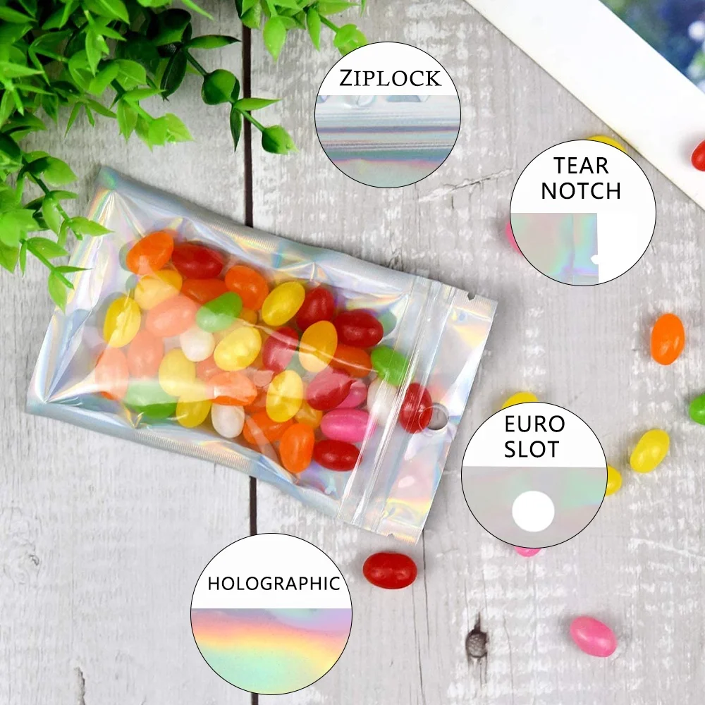 Customize Clear Front Stand Up Laser Plastic Packaging Holographic Bag,Transparent Snack Food Ziplock Mylar Three Side Seal Bags