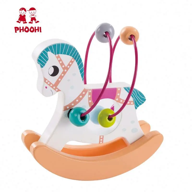 Children educational play cockhorse toy wooden animal wire bead maze for baby