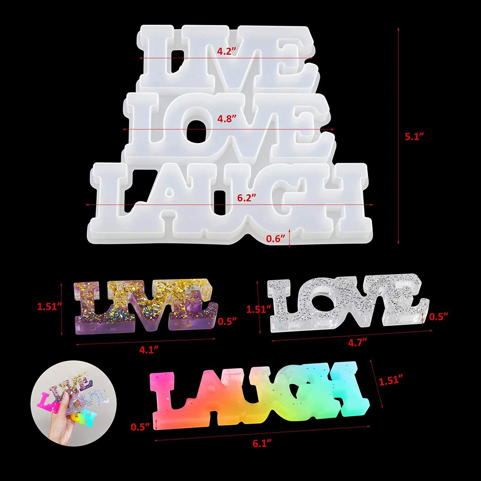 Love Silicone Resin Mould, Live/Love/Laugh Character Epoxy Casting Mould with 24 Colorful Sequins, DIY Craft Resin Supplies for
