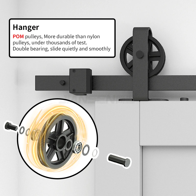 Heavy Duty 5-16ft Carbon Steel+POM Black Powder Coated Large Pulley Top Mounted Sliding Barn Door Hardware Kit